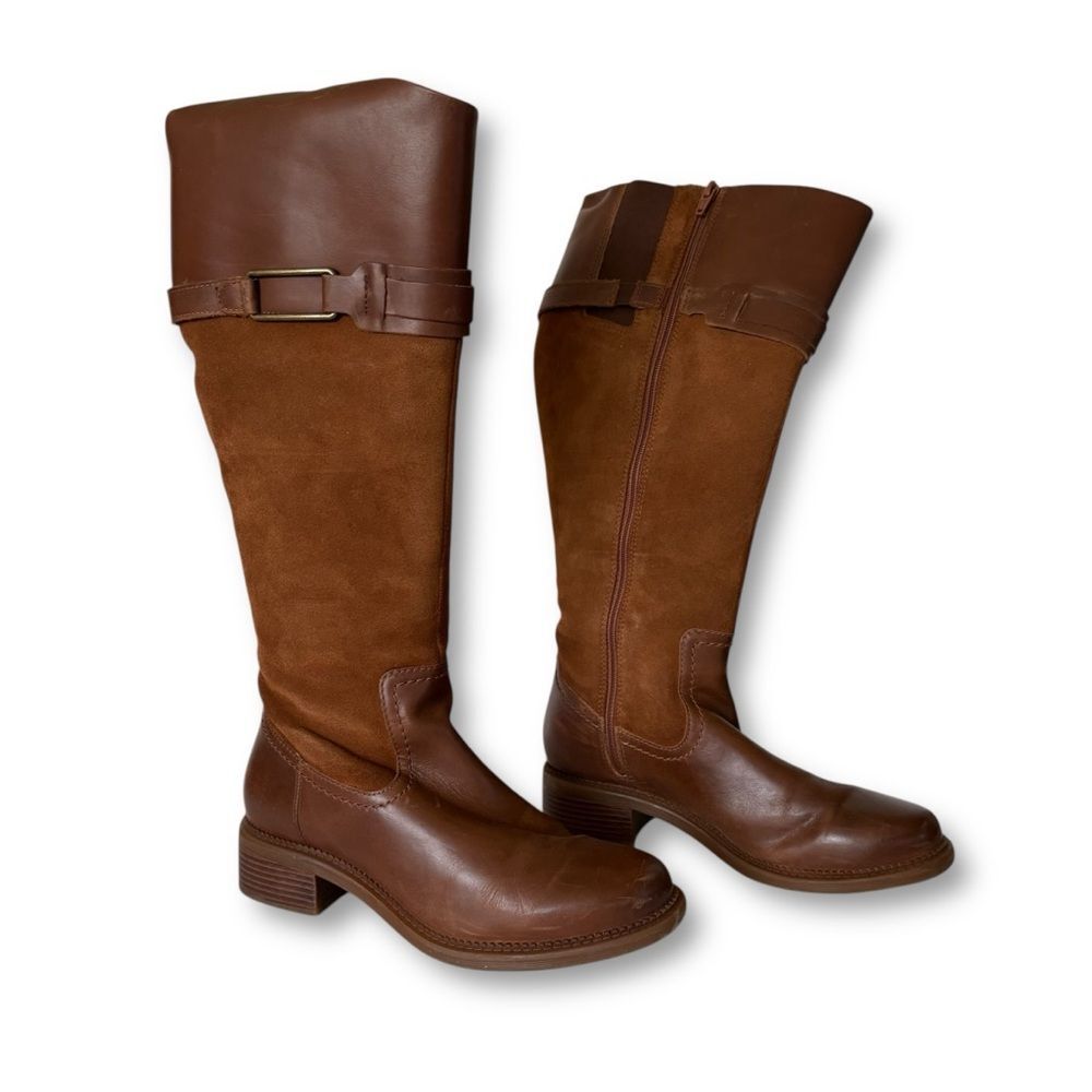 Clarks Maye Carly Tall Heeled Leather Boots Brown Size 7 Classic Equestrian